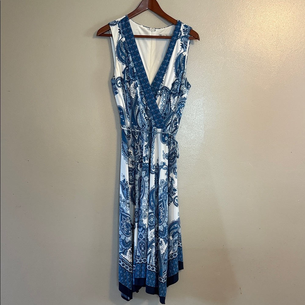 Sandra Darren Blue and White Paisley V-Neck Maxi